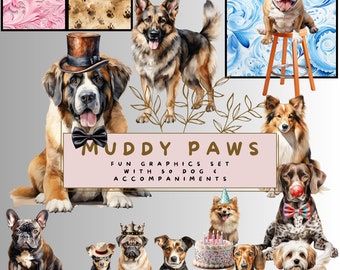 Dog Clip Art Muddy Paws kit, 50 dogs + accessories, seamless backgrounds,hats flowers and elements, transparent background, instant download