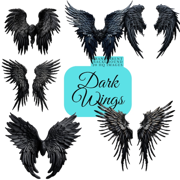 Black Wings Digital Download, 20 PNG Clip Art Wings with transparent background, Angel Clipart