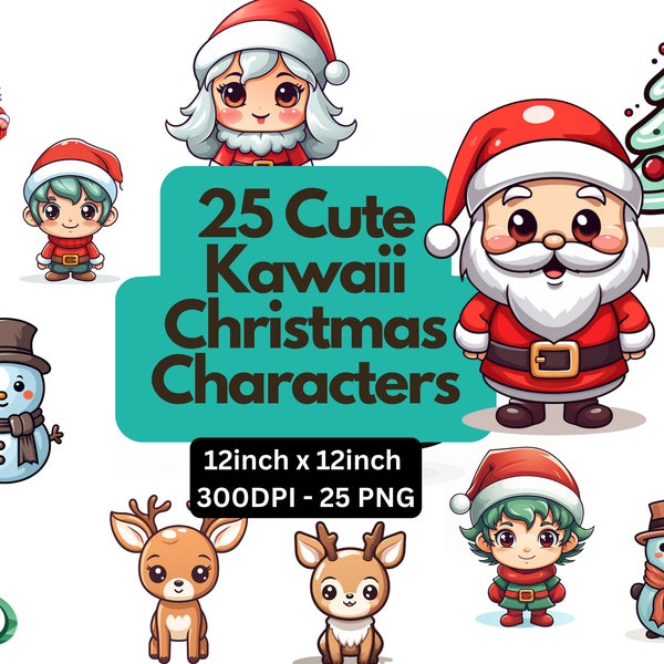 Kawaii Christmas Clipart Cute Cartoon Xmas Clip Art, Christmas PNG Characters ,Commercial Use  Transparent Background PNGs