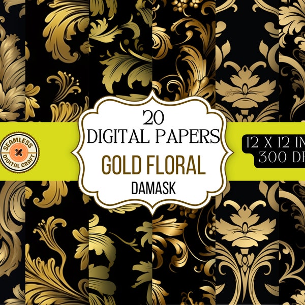 Gold Damask Digital SEAMLESS PAPER Luxury Elegant Retro Pattern Antique Floral Upholstery Wallpaper Scrapbooking DIY Craft Commercial Use