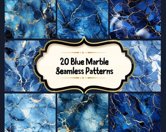 Blue + Gold Marble Digital Paper, Seamless Marbled Textures, Printable Scrapbook Pages Natural Stone Backgrounds Commercial Use
