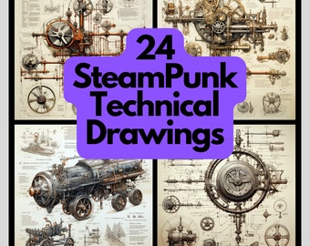 Plans de dessins techniques steampunk, art tech rétro, cadeau steampunk, pack de 24 PNG usage commercial