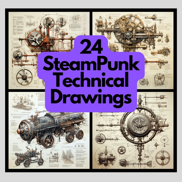 Plans de dessins techniques steampunk, art tech rétro, cadeau steampunk, pack de 24 PNG usage commercial