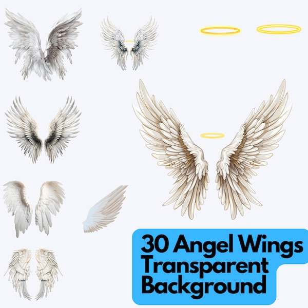 30 Angel Wings Clipart  Heaven Clipart White wings PNG, Sublimation, Planner Stickers Transparent 300DPI  Commercial Use