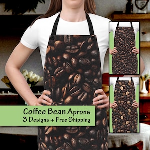 May include: A kitchen apron featuring a repeating pattern of dark roasted coffee beans. The apron has black neck and waist straps. Two smaller inset images show variations of the coffee bean pattern, one with darker beans and one with mixed light and dark beans.