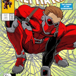 May include: Comic book cover featuring a red superhero with a red mask and goggles, crouching on a web-like background. The title of the comic is "Alphared" and the tagline is "The Legend of the Alphaknight". The comic is issue #1 and is titled "Transformed" part one of five.