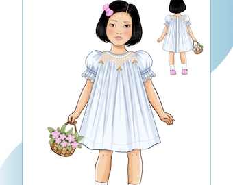 May include: Illustration of a smocked bishop dress pattern. The dress is light blue with a detailed yoke and short sleeves. The image includes a front and back view of the dress, along with the text "Smocked Bishop Dress" and sizing information.