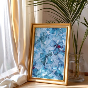 Blue bows print Watercolour wall art light blue bows for coquette room decor preppy wall print home decor old aesthetic gift idea for her