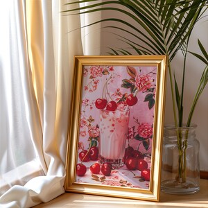 Kirsch Poster rosa Kirsch Milchshake Wand Kunst für Haus Dekor Kirsche Mädchen Kunst Geschenkidee adventliche Dekoration Hauskunst Schlafzimmer Küche Wohnraum