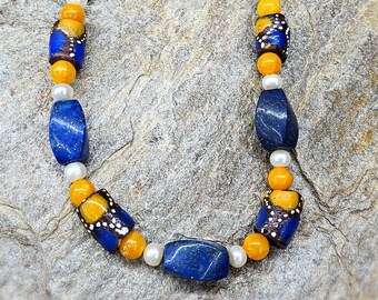 African trade bead, lapis lazuli beaded necklace! Glass trade beads, freshwater pearls, button pearls, lapis necklace, lapis jewelry, pearls