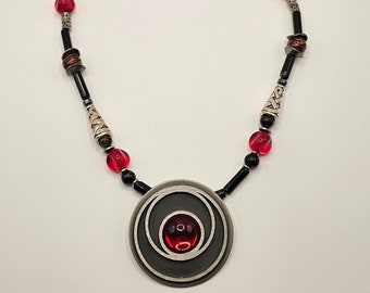 Brutalist, modern Viking statement necklace! Vintage pewter pendant Larsen, art glass, black agate!