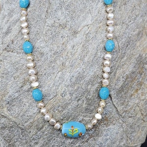 Vintage lampwork Czech glass pearl necklace! Blue Czech glass beaded necklace, freshwater pearl jewelry, vintage Venetian glass bead, floral