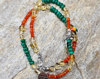 Sterling silver toucan beaded necklace, green quartz, carnelian, citrine, charm, stone inlay, delicate choker, handmade one of a kind