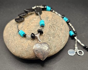 Sterling silver heart locket, southwest beaded necklace, sleeping beauty turquoise, onyx, handmade necklace.