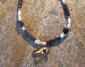 Eye of Ra pendant, beaded necklace! Mother of pearl, vintage ceramic and floral metal beads! Udjat, wedjat, Egyptian revival, ancient style!