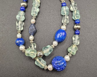 Serene lapis, freshwater pearl, vintage glass, beaded necklace! Lapis lazuli, Asian carved, silver toned, pearls, statement necklace