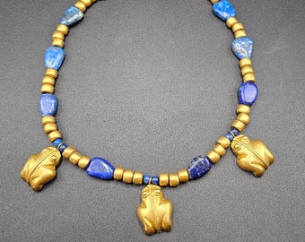 Gold plated Egyptian Revival lapis beaded charm necklace! Pre-Columbian gold plated frog charms, lapis jewelry, gold plated spacers, ancient