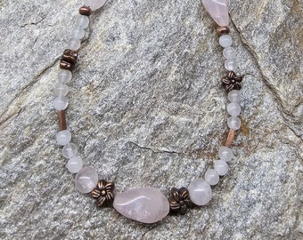 Rose quartz and copper beaded necklace! Vintage and repurposed beads, toggle clasp, great, sustainable gift! Romantic, dainty, elegant.