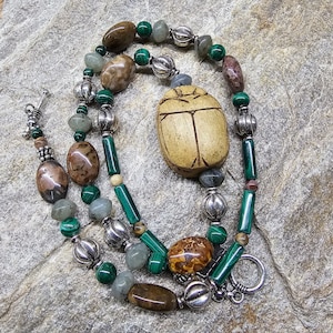 Egyptian Revival Southwest beaded necklace! Antique scarab, carved hieroglyphics, sterling silver necklace, labradorite beads, ancient style