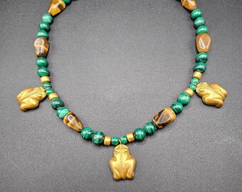 Pre-Columbian frog charm, beaded necklace!  Gold plated pendants, charm necklace, malachite round beads, tiger's eye beads, gold plated disc