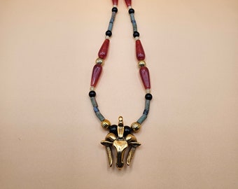 Egyptian Revival Amun Amulet Beaded Necklace! Onyx, carnelian, gold plated, vintage Met pendant, toggle clasp.