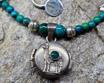 Vintage sterling silver llama locket with chrysocolla inlay, chrysocolla beads and sterling silver beads! Southwest and South American vibe!