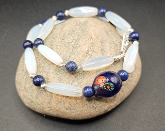 Vintage Venetian millefiori, African trade bead, lapis lazuli, sterling silver necklace! Opalite glass, corrugated sterling silver beads