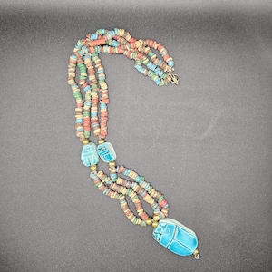 Vintage Egyptian scarab tourist necklace! Vintage Egyptian scarab amulet, vintage Egyptian mummy beads, Egyptian Revival necklace, sterling!
