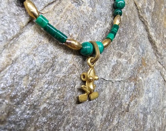 Charm beaded necklace!  Daintiest pre-Columbian frog charm, paired with malachite and gold toned foil beads.