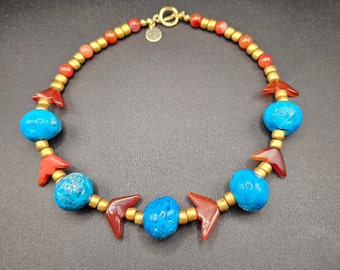 Rare antique Persian faience beaded necklace! Faience beads, carnelian agate, gold plated, ancient style jewelry, stylized bird bead, choker