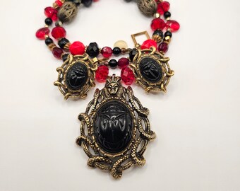 Egyptian Revival, Victorian, goth, necklace and earring set! Vintage pendant and clip on earrings, glass, brass, onyx, black and red!