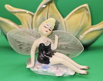 Vintage Tinker Bell Figurine, Japan Ceramic Fairy, Black Dress