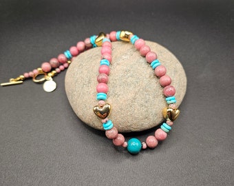 Beautiful Southwest style necklace! Rhodonite, Sleeping Beauty Turquoise, 24k gold washed hearts!