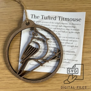 Digital Tufted Titmouse Ornament & inspirational Card Files - PDF, SVG, Lightburn, Laser Cut Template Bird Love Symbol DIY Craft xTool Gift