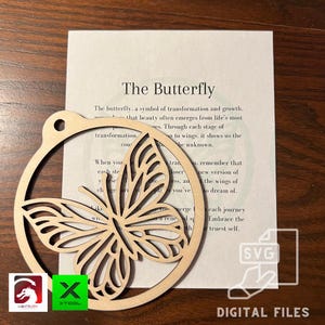 Ornamento de borboleta digital e arquivos de cartão inspiradores - PDF, SVG, Lightburn, XCS, modelo de corte a laser Car Charm Glowforge - Craft xTool Gift