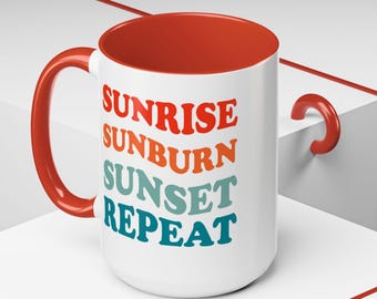 Niedliche Sonnenuntergang Vibe Kaffeetasse, lustige Retro Kaffeetasse für Strandliebhaber, Geschenk für Sommer, Morgengebräu, Urlaubstasse, Geschenk für Mutter, Stimmungstasse