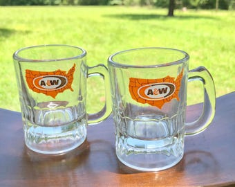 Vintage Authentic A&W Root Beer Miniature Glass Mugs with Legendary Logo of USA, Set of 2, Collectible.  Bin DESK