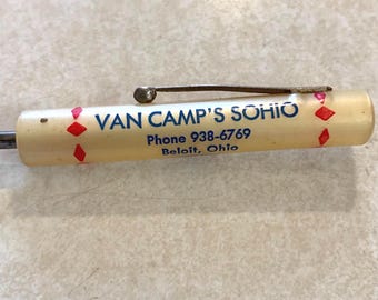 Destornillador de bolsillo VTG con publicidad de la gasolinera Van Camp's Sohio en Beloit, Ohio. Diseño con letras azules y diamantes rojos. Artículo coleccionable.