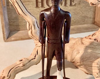 Vintage Hand-carved African Tribal Folk Art Wooden Figurine Sculpture of Man with Cast & Crutches, Made in Kenya of Ebony Hardwood. Bin 76F