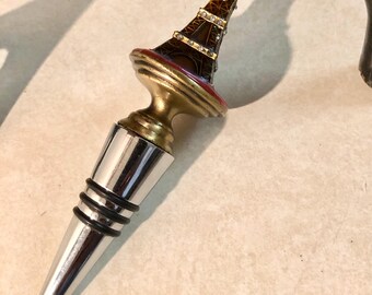 Paris Design Eiffel Tower Jeweled Rhinestones Decorative Wine Bottle Stopper, Barware, Brass & Chrome, Souvenir, Heavy, Gift.  Bin X3