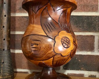 Vintage 1960s Hand-Carved Turned Wood Haitian Folk Art Vase with Flared Top and Pedestal Base, Unique Floral & Fish Design Carvings. Bin YT5