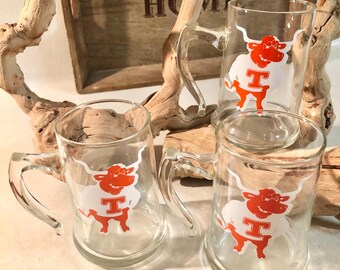 Vintage Texas Longhorns Clear Glass Beer Stein Mugs with Curved Handles, Set of 3, Souvenir, Gift, Collectible.  Bin TL03