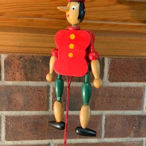 Vintage Pinocchio Jumping Jack Wooden Jointed Toy with Pull String, Hand Painted, Made in Germany, Jointed Figure, Ornament, Collectible