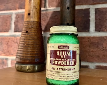 Vintage 1900s Alum Powder Disturbed by McKesson's & Robbins, Sealed Old Green Glass Jar with Lid, Collectible Glass.  Bin 7K