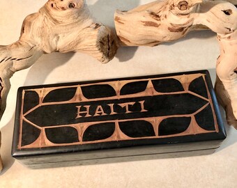 Vintage Authentic Hand-Carved “HAITI” Wooden Jewelry or Trinket Box with 3 Dividers, Shade of Black Stain, Souvenir. Bin 126