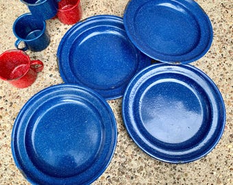 Vintage Speckled Red & Blue Enamelware Plates and Mugs, Farmhouse, Rustic, Outdoor Camping Enamelware, Lot of 8.  Bin 92A