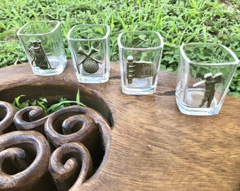 Golf Themed Quality Grade Pewter Square Shot Glasses, Golfers Clubs, Golfer Mid Swing, Tee Time, 19th Hole, Set of 4.  Bin 17T