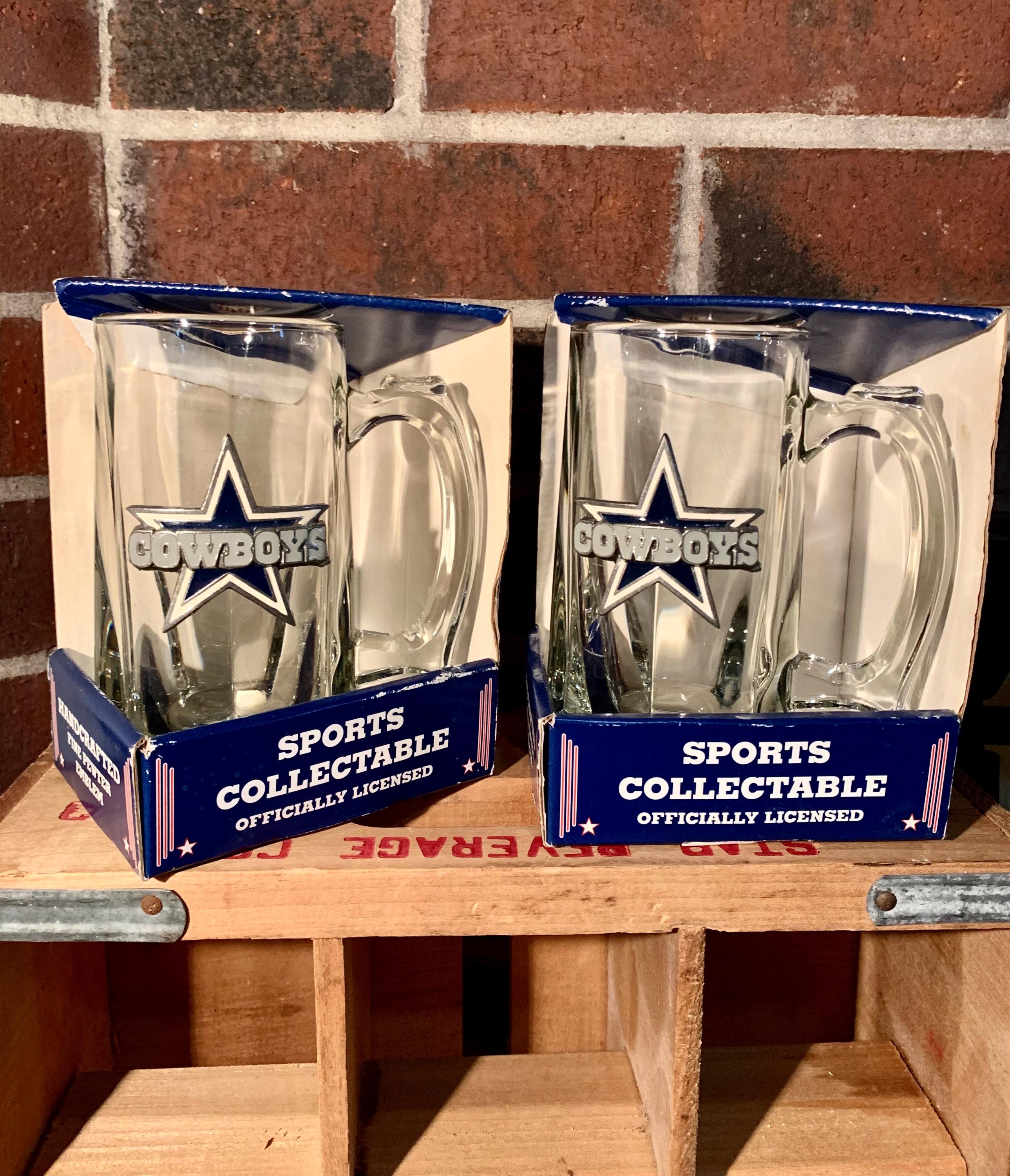 Vintage Handcrafted NFL Dallas Cowboys Pewter Logo Glass Beer Tankard Mugs, Cowboys Fans, Barware, Set of 2, Collectible, Gift.  Bin 13DC