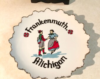 Vintage Frankenmuth - Michigan Souvenir Plate with Scalloped Gold Edge, Traditional Attire & Folk Dancing Graphics, Collectible, Gift