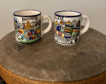 Armenian Ceramic Holy Land “Bethlehem, Nazareth, Jerusalem” Coffee Mugs, Souvenir, Religious, Vibrant Colors, Made in Israel, Set of 2.  AC2